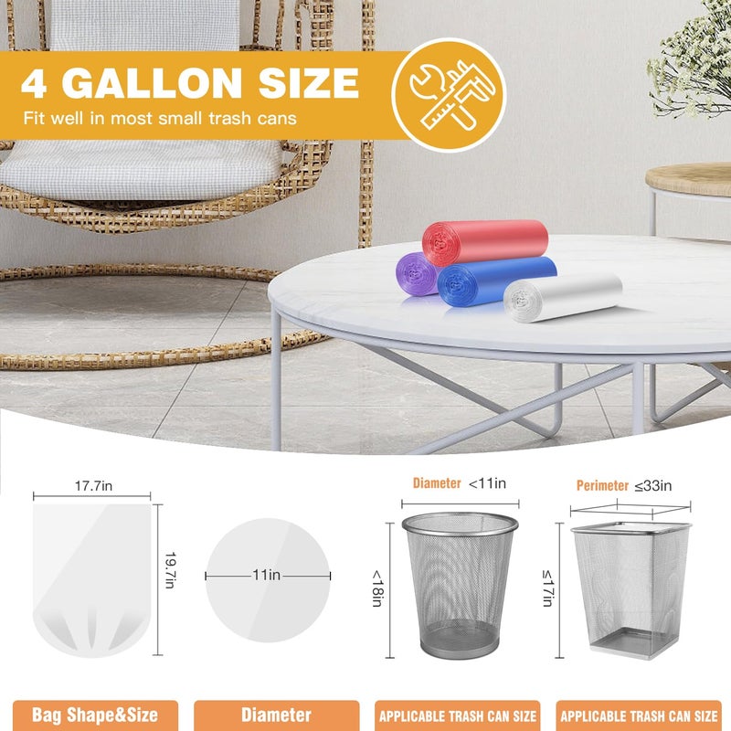 Ginkgo Small Trash Bags 4 Gallon Bathroom Garbage Bags - 100 Count, 4 Colors, Clear Unscented Plastic Mini Trash Bags for Kitchen, Waste Baskets, Office, Bedroom and Car - Bulk Little Garbage Can Liners - Image 2
